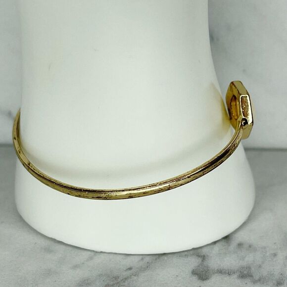 Gold Tone Black and White Geometric Cuff Bangle Bracelet - Picture 5 of 8